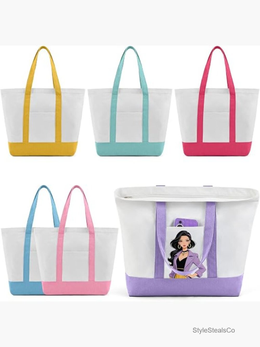 Canvas Tote Bag with Zipper Pockets Reusable Grocery Shopping Bag DIY